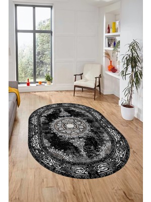Evdeya Göbekli Klasik Desen Dijital Kaymaz Yıkanabilir Oval Yolluk Salon Halısı, O-Klasik-25-Siyah,