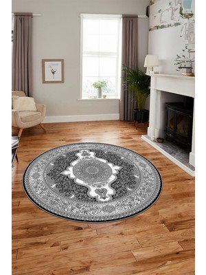 Evdeya Baskılı Kaymaz Yıkanabilir Çerçeveli Göbekli Klasik Desen Salon Halısı, Y-Klasik-02-Antrasit,