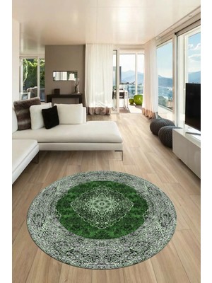 Evdeya Baskılı Kaymaz Yıkanabilir Göbekli Klasik Desen Yuvarlak Salon Halısı, Y-Klasik-07-Yeşil,