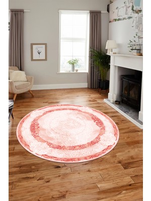 Evdeya Baskılı Kaymaz Yıkanabilir Çerçeveli Klasik Desen Yuvarlak Mutfak Salon Halısı, Y-Klasik-01-Kırmızı,