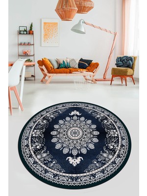 Evdeya Klasik Desen Dijital Kaymaz Taban Yıkanabilir Yuvarlak Mutfak Salon Halısı, Y-Klasik-13-Mavi,