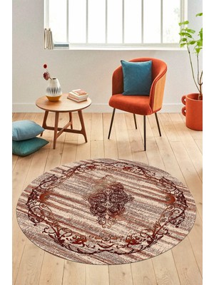Evdeya Klasik Desenli Dijital Kaymaz Taban Yıkanabilir Yuvarlak Mutfak Salon Halısı, Y-Klasik-11-Bordo,