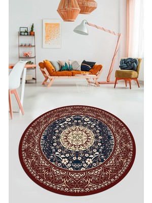 Evdeya Şık Klasik Desen Dijital Kaymaz Taban Yıkanabilir Yuvarlak Mutfak Salon Halısı, Y-Klasik-14-Bordo,