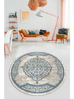 Evdeya Zarif Klasik Desen Dijital Kaymaz Taban Yıkanabilir Yuvarlak Mutfak Salon Halısı, Y-Klasik-15-Mavi,