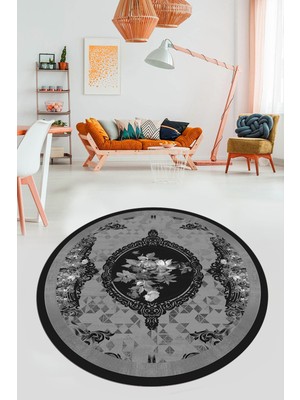 Evdeya Çiçekli Klasik Dijital Kaymaz Taban Yıkanabilir Yuvarlak Mutfak Salon Halısı, Y-Klasik-16-Antrasit,
