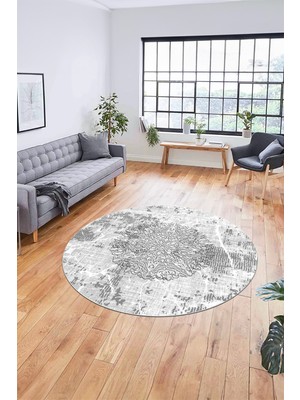 Evdeya Şık Tasarım Klasik Dijital Kaymaz Taban Yıkanabilir Yuvarlak Salon Halısı, Y-Klasik-19-Gri,