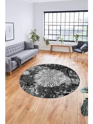 Evdeya Şık Tasarım Klasik Dijital Kaymaz Taban Yıkanabilir Yuvarlak Salon Halısı, Y-Klasik-19-Antrasit,
