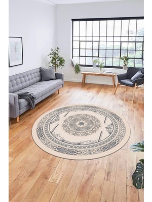 Evdeya Modern Klasik Dijital Kaymaz Taban Yıkanabilir Yuvarlak Mutfak Salon Halısı, Y-Klasik-17-Krem,