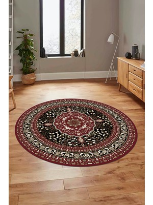 Evdeya Renkli Klasik Desen Dijital Kaymaz Yıkanabilir Yuvarlak Mutfak Salon Halısı, Y-Klasik-26-Bordo,