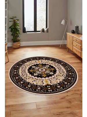 Evdeya Renkli Klasik Motifli Dijital Kaymaz Yıkanabilir Yuvarlak Mutfak Salon Halısı, Y-Klasik-27-Kahve,
