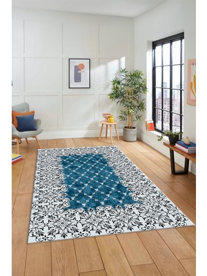Evdeya Dijital Kaymaz Yıkanabilir Klasik Desen Yolluk Mutfak Salon Halısı, Klasik-04-Mavi,