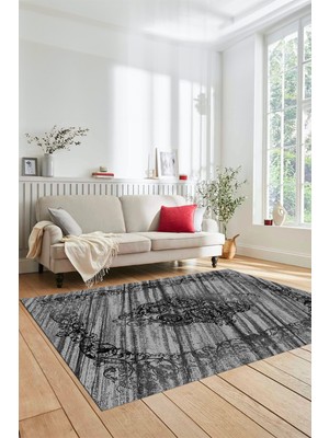 Evdeya Klasik Desenli Dijital Kaymaz Taban Yıkanabilir Yolluk Mutfak Salon Halısı, Klasik-11-Antrasit,