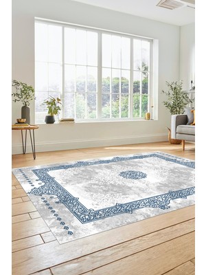 Evdeya Sade Klasik Desen Dijital Kaymaz Taban Yıkanabilir Yolluk Mutfak Salon Halısı, Klasik-20-Mavi,