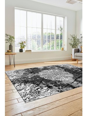 Evdeya Şık  Klasik Desen Dijital Kaymaz Taban Yıkanabilir Yolluk Mutfak Salon Halısı, Klasik-19-Antrasit,