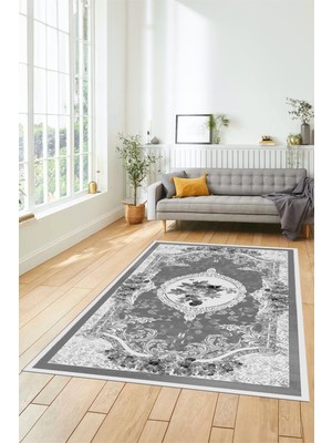 Evdeya Çiçekli Klasik Desen Dijital Kaymaz Taban Yıkanabilir Yolluk Mutfak Salon Halısı, Klasik-16-Gri,