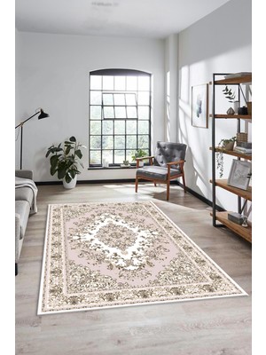 Evdeya Klasik Desenli Dijital Kaymaz Yıkanabilir Yolluk Mutfak Salon Halısı, Klasik-23-Pembe,