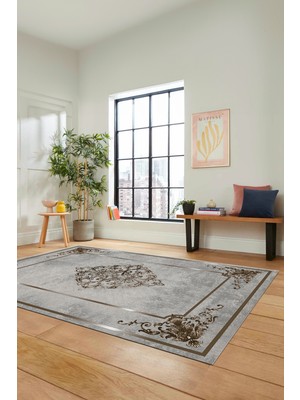 Evdeya Dijital Kaymaz Yıkanabilir Çerçeveli Klasik Desen Yolluk Mutfak Salon Halısı, Klasik-05-Kahve,