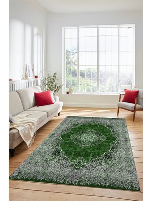 Evdeya Dijital Kaymaz Yıkanabilir Göbekli Klasik Desen Yolluk Salon Halısı, Klasik-07-Yeşil,