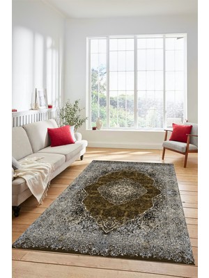 Evdeya Dijital Kaymaz Yıkanabilir Göbekli Klasik Desen Yolluk Salon Halısı, Klasik-07-Kahve,