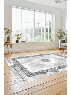 Evdeya Sade Klasik Desen Dijital Kaymaz Taban Yıkanabilir Yolluk Mutfak Salon Halısı, Klasik-20-Gri,