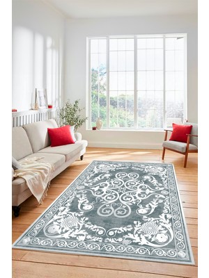 Evdeya Dijital Kaymaz Yıkanabilir Klasik Desenli Yolluk Mutfak Salon Halısı, Klasik-09-Mavi,