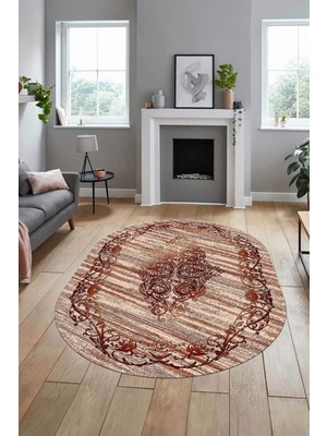 Evdeya Klasik Desen Dijital Kaymaz Taban Yıkanabilir Oval Yolluk Mutfak Salon Halısı, O-Klasik-11-Bordo,