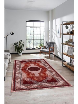Evdeya Göbekli Klasik Desenli Dijital Kaymaz Yıkanabilir Yolluk Mutfak Salon Halısı, Klasik-24-Bordo,