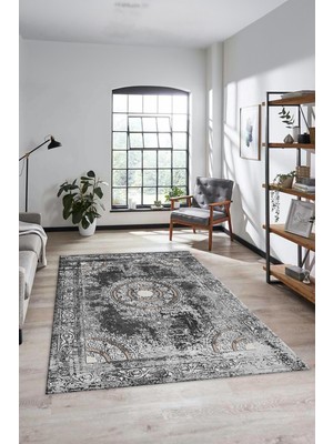 Evdeya Göbekli Klasik Desen Dijital Kaymaz Yıkanabilir Yolluk Mutfak Salon Halısı, Klasik-25-Gri,