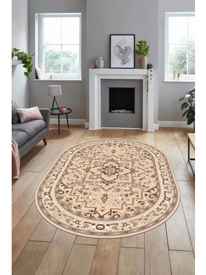 Evdeya Baskılı Kaymaz Yıkanabilir Klasik Desen Oval Yolluk Mutfak Salon Halısı, O-Klasik-10-Kahve,