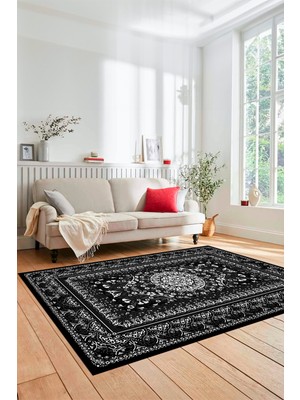 Evdeya Şık Klasik Desen Dijital Kaymaz Taban Yıkanabilir Yolluk Mutfak Salon Halısı, Klasik-14-Antrasit,