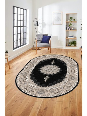 Evdeya Baskılı Kaymaz Yıkanabilir Göbekli Klasik Desen Oval Mutfak Salon Halısı, O-Klasik-03-Antrasit,