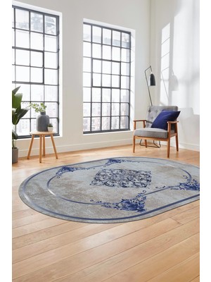 Evdeya Baskılı Kaymaz Yıkanabilir Çerçeveli Klasik Yolluk Oval Mutfak Salon Halısı, O-Klasik-05-Mavi,