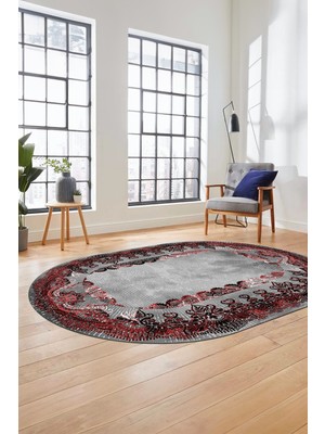 Evdeya Baskılı Kaymaz Yıkanabilir Renkli Klasik Desen Oval Yolluk Salon Halısı, O-Klasik-08-Bordo,