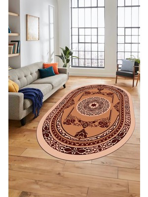 Evdeya Modern Klasik Dijital Kaymaz Taban Yıkanabilir Oval Yolluk Salon Halısı, O-Klasik-17-Bordo,