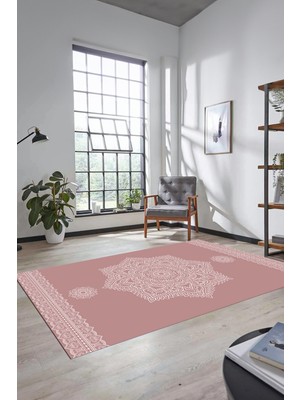 Evdeya Şık Göbekli Klasik Motifli Dijital Kaymaz Yıkanabilir Yolluk Mutfak Salon Halısı, Klasik-30-Pembe,
