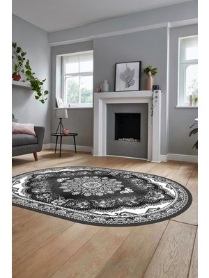 Evdeya Klasik Desen Dijital Kaymaz Taban Yıkanabilir Oval Yolluk Mutfak Salon Halısı, O-Klasik-13-Gri,