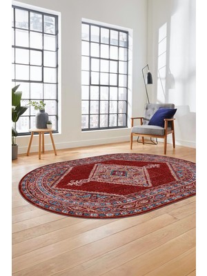 Evdeya Baskılı Kaymaz Yıkanabilir Göbekli Klasik Yolluk Oval Mutfak Salon Halısı, O-Klasik-06-Kahve,