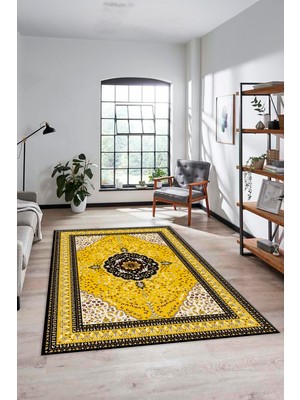Evdeya Renkli Klasik Desen Dijital Kaymaz Yıkanabilir Yolluk Mutfak Salon Halısı, Klasik-26-Sarı,