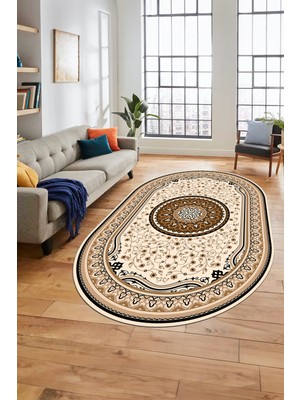 Evdeya Göbekli Klasik Dijital Kaymaz Taban Yıkanabilir Oval Yolluk Salon Halısı, O-Klasik-18-Kahve,