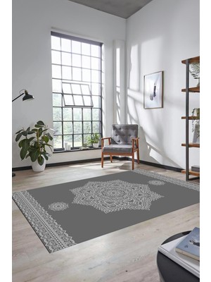 Evdeya Şık Göbekli Klasik Motifli Dijital Kaymaz Yıkanabilir Yolluk Mutfak Salon Halısı, Klasik-30-Gri,