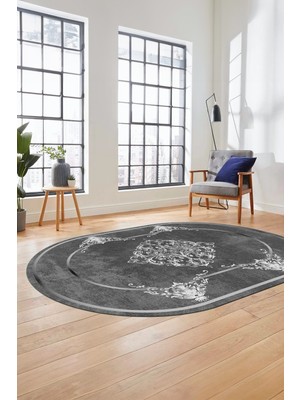 Evdeya Baskılı Kaymaz Yıkanabilir Çerçeveli Klasik Yolluk Oval Mutfak Salon Halısı, O-Klasik-05-Antrasit,