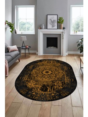 Evdeya Renkli Klasik Desen Dijital Kaymaz Taban Yıkanabilir Oval Yolluk Salon Halısı, O-Klasik-12-Sarı,