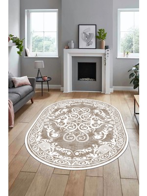 Evdeya Baskılı Kaymaz Yıkanabilir Klasik Desenli Oval Yolluk Mutfak Salon Halısı, O-Klasik-09-Kahve,