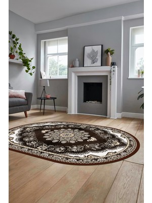 Evdeya Klasik Desen Dijital Kaymaz Taban Yıkanabilir Oval Yolluk Mutfak Salon Halısı, O-Klasik-13-Kahve,