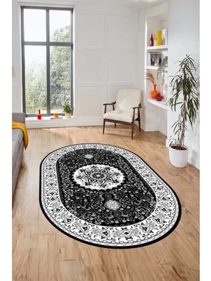 Evdeya Renkli Klasik Motifli Dijital Kaymaz Yıkanabilir Oval Yolluk Salon Halısı, O-Klasik-27-Antrasit,