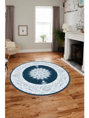 Evdeya Baskılı Kaymaz Yıkanabilir Göbekli Klasik Desen Yuvarlak Mutfak Salon Halısı, Y-Klasik-03-Mavi,