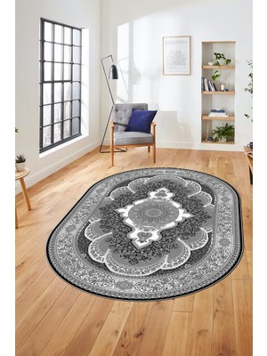 Evdeya Baskılı Kaymaz Yıkanabilir Çerçeveli Göbekli Klasik Desen Salon Halısı, O-Klasik-02-Antrasit,