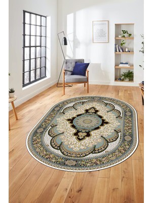 Evdeya Baskılı Kaymaz Yıkanabilir Çerçeveli Göbekli Klasik Desen Salon Halısı, O-Klasik-02-Yeşil,