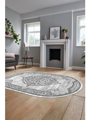Evdeya Zarif Klasik Dijital Kaymaz Taban Yıkanabilir Oval Yolluk Mutfak Salon Halısı, O-Klasik-15-Gri,