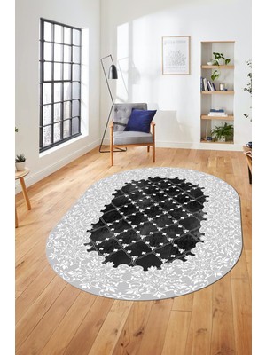 Evdeya Baskılı Kaymaz Yıkanabilir Klasik Desen Yolluk Oval Mutfak Salon Halısı, O-Klasik-04-Beyaz,